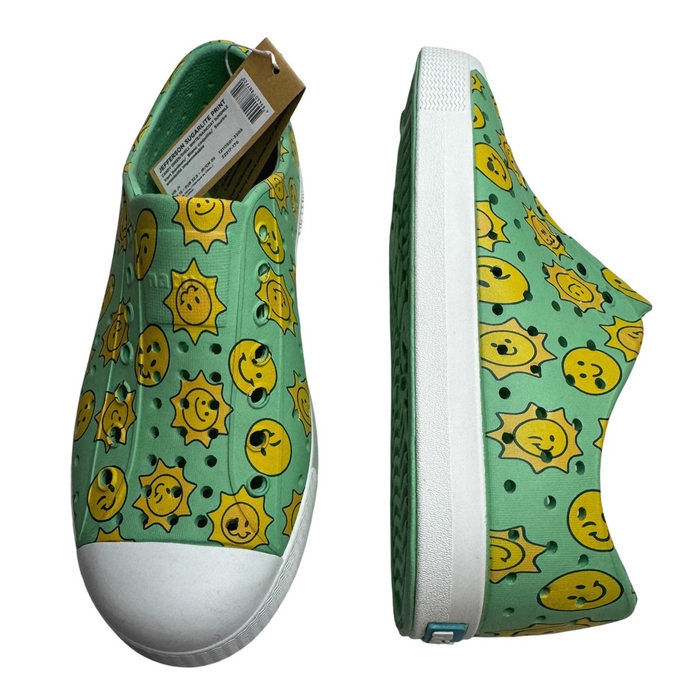 Native Jefferson Sugarlite Print Kids Shoes J1 Green Sun Smiley Slip On Sneaker
